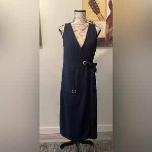 Kensie Navy Midi Faux Wrap Dress with Gold Accents